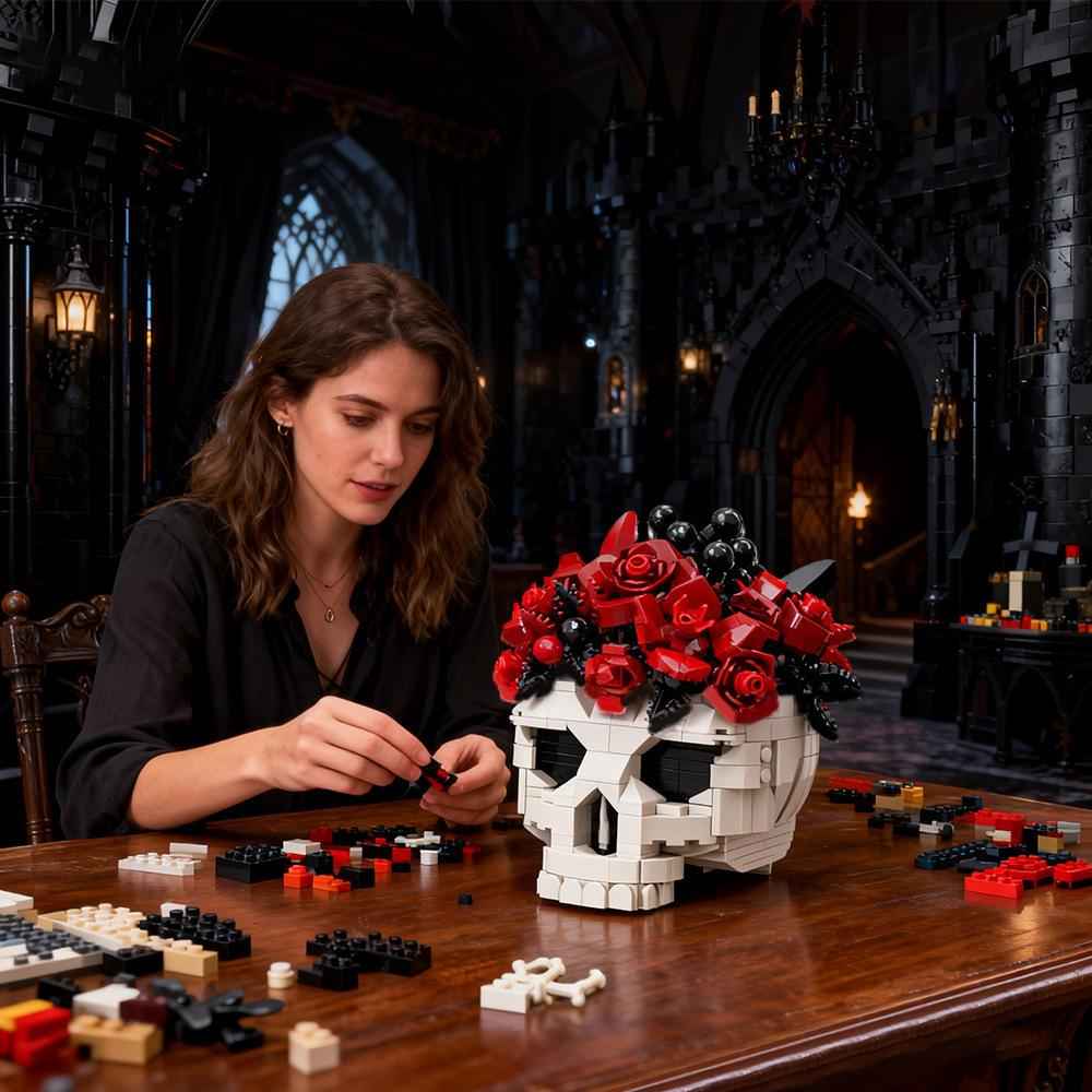 Compatible with Small-Particle MOC Sets, Halloween Skull and Flower Building Block Ornament